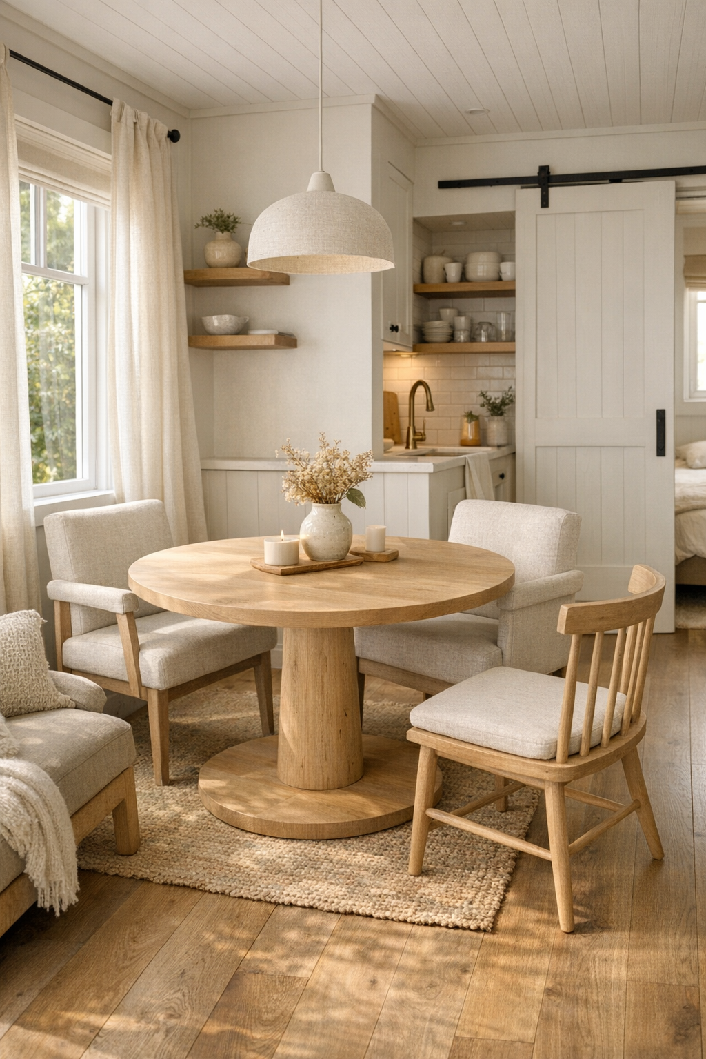 Compact accessible dining area with a round table, pale wood, and soft neutral finishes