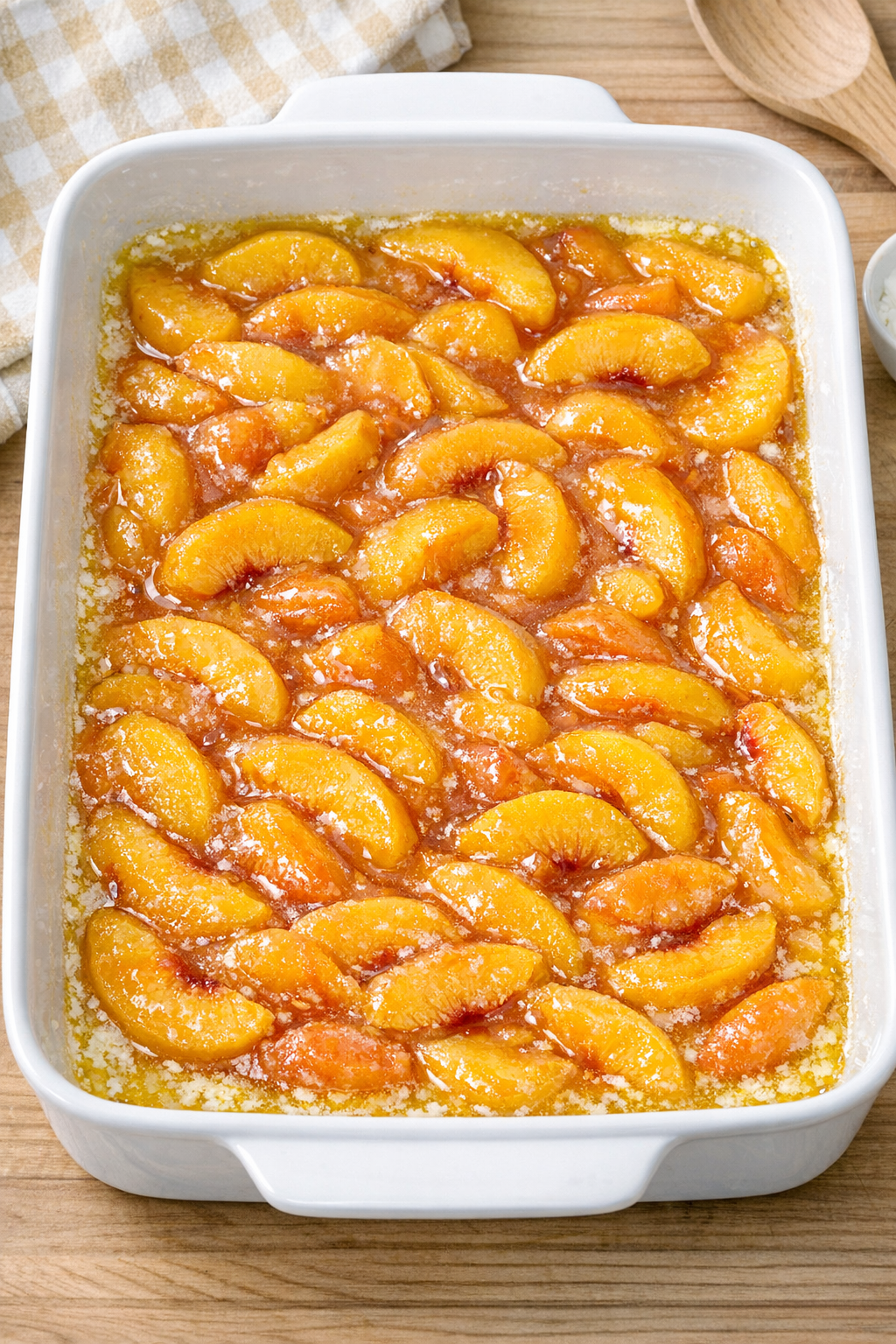 Peach pie filling layered over melted butter