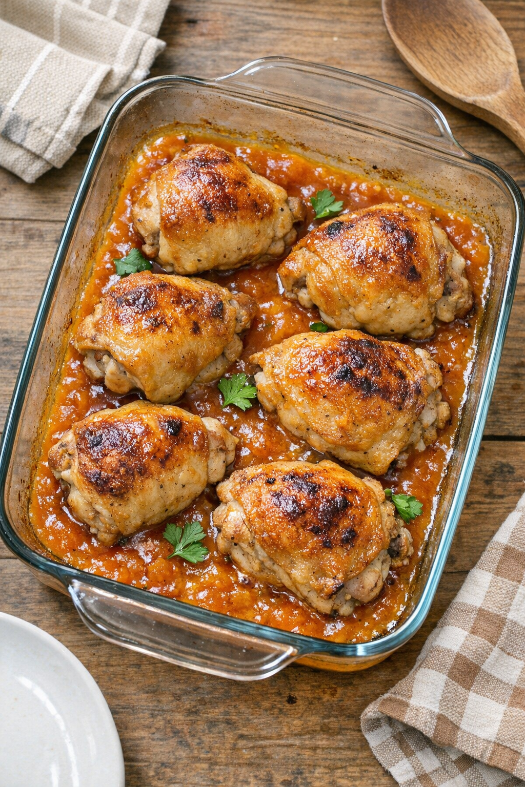 Baked chicken thighs in orange sauce in a glass casserole dish