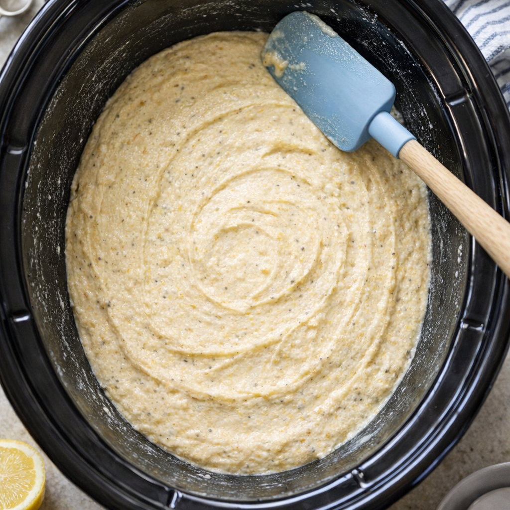 Cake batter spread in slow cooker insert