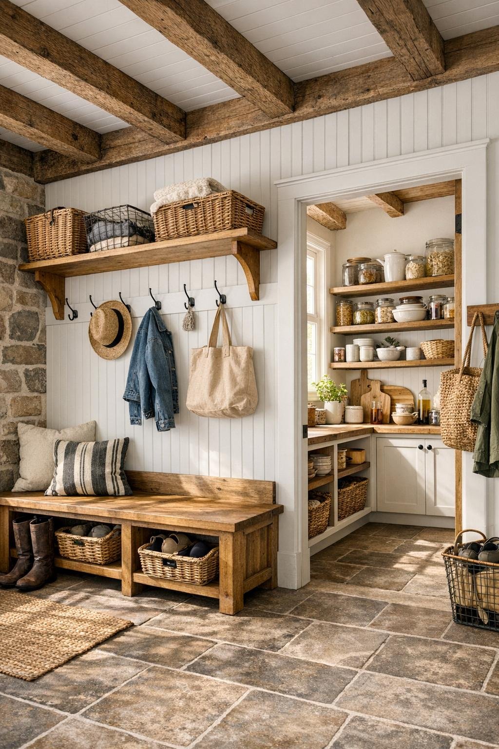 Practical farmhouse mudroom and pantry area with built-in storage and rustic finishes