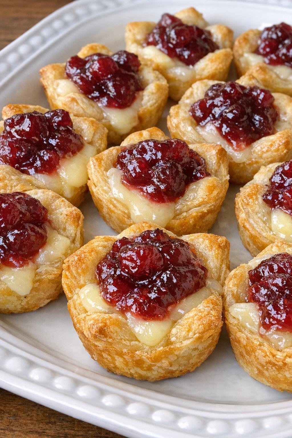 Cranberry brie bites on a white serving platter