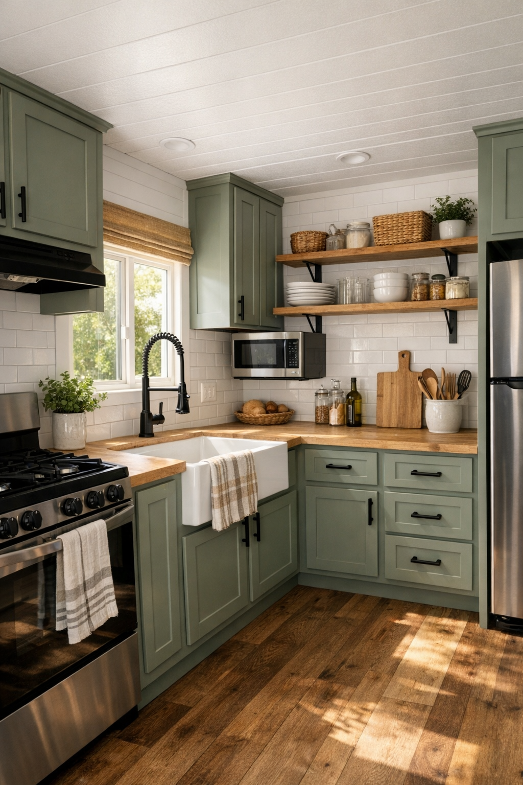 Craftsman-inspired small kitchen with sage shaker cabinets, light counters, and white tile backsplash