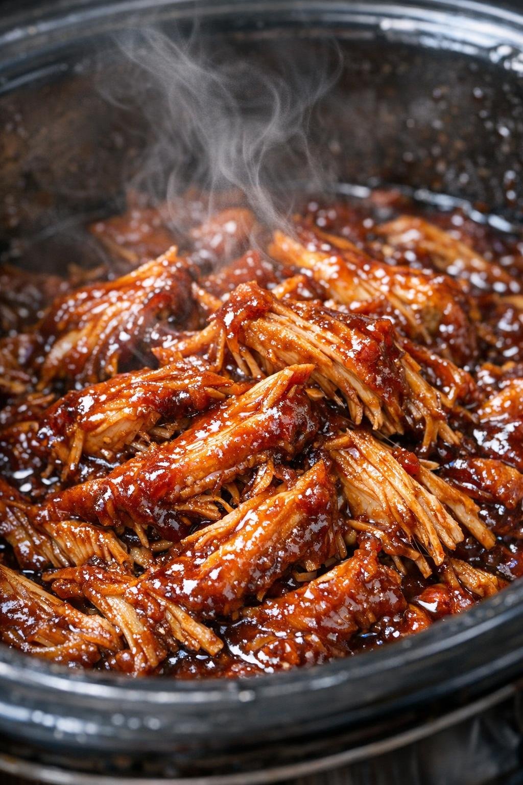 Kip uit de slowcooker in een glanzende granaatkleurige saus.