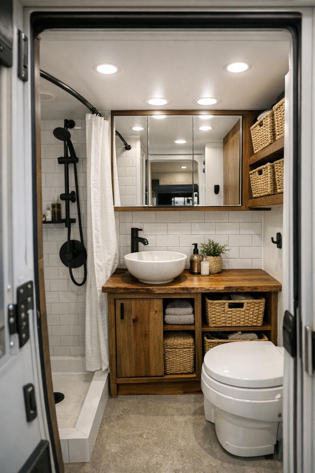 Compact camper bathroom with wood vanity and light tile finishes