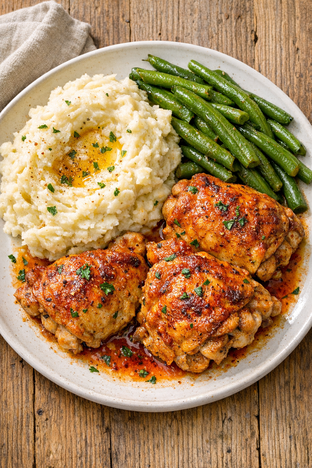 Finished paprika butter chicken plated with mashed potatoes