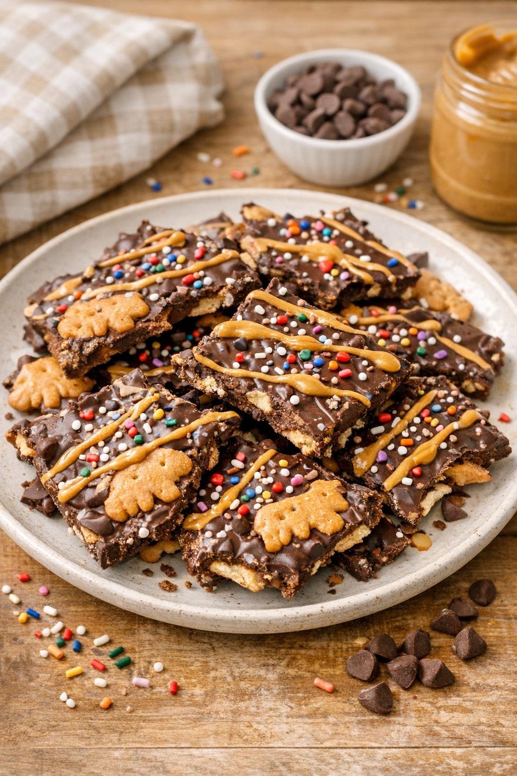 Finished chocolate animal cracker bark on a tray