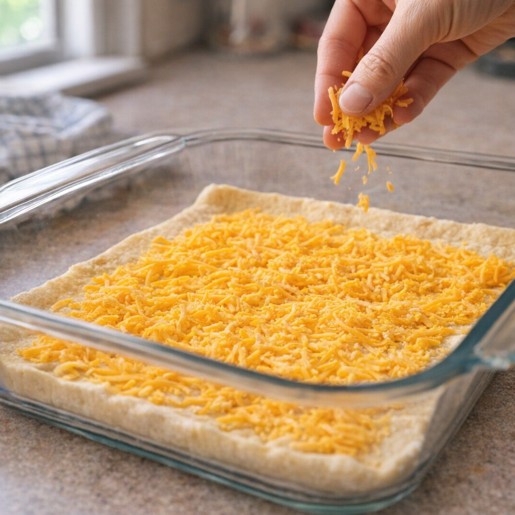 Layered casserole dish with crescent dough and cheddar cheese