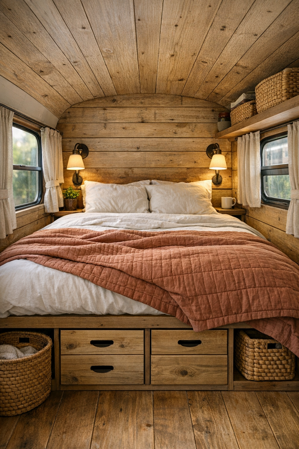 Peaceful bus bedroom with built-in bed platform, drawers, and soft neutral bedding