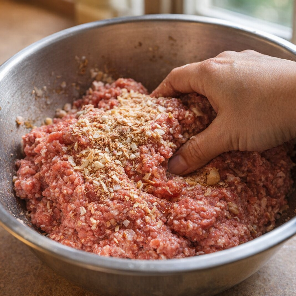 Seasoned ground beef being mixed in a bowl