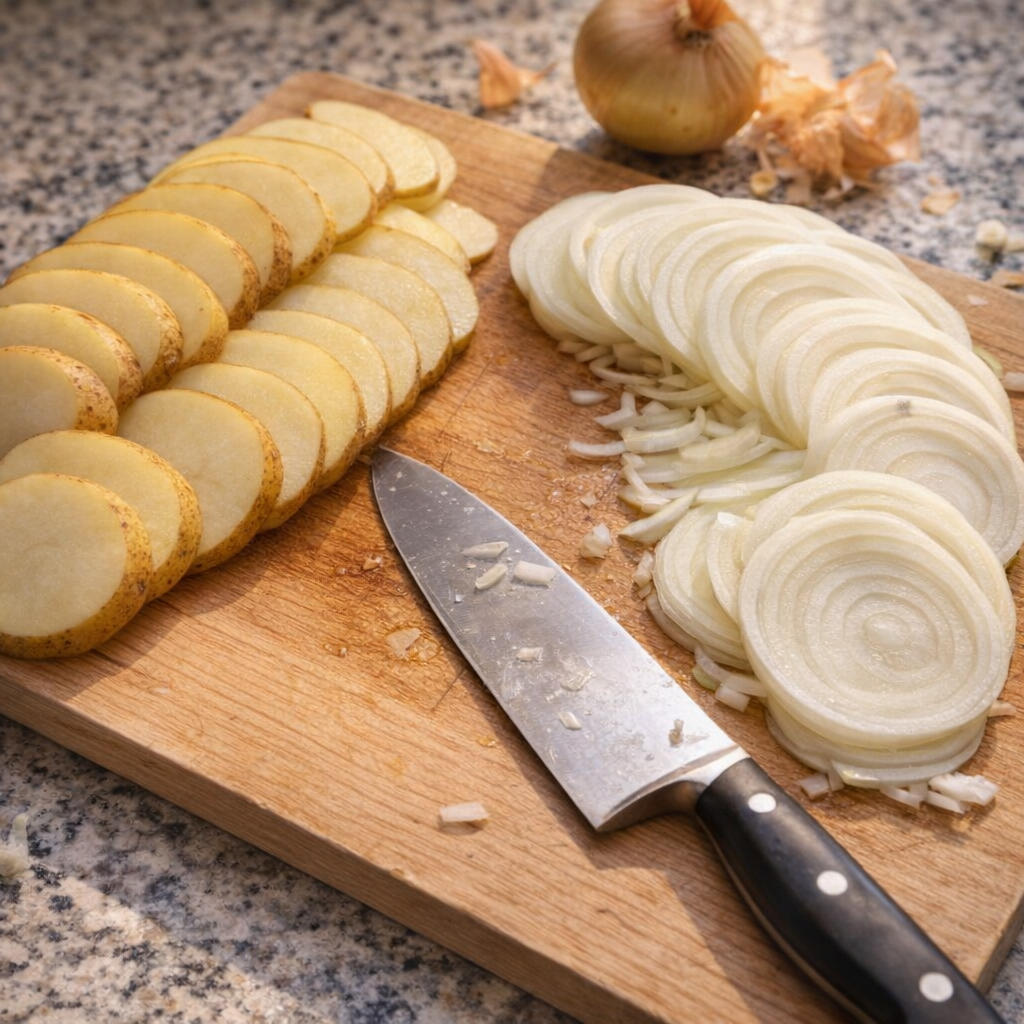 Thinly sliced potatoes and onions ready for layering