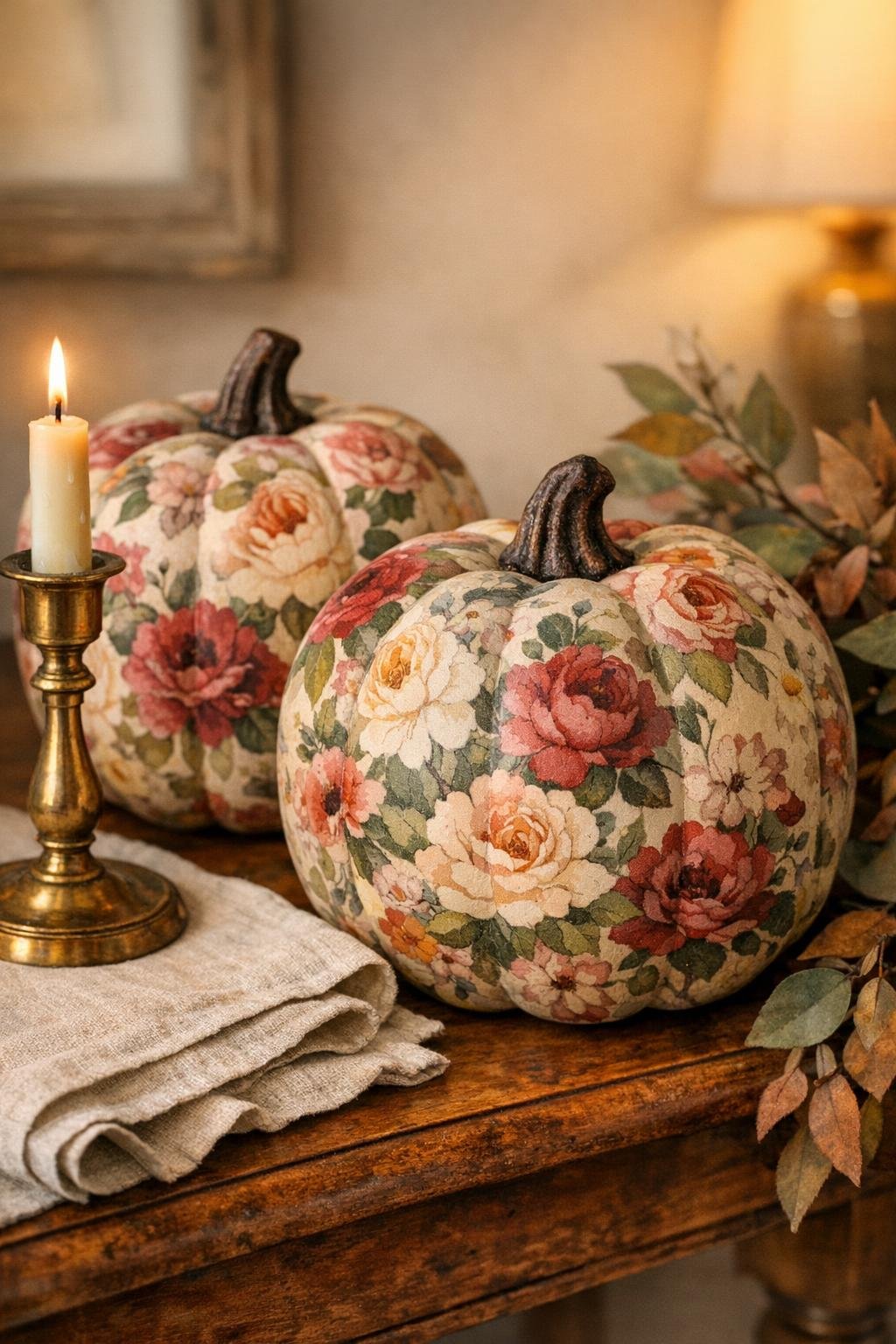 Finished vintage floral decoupage pumpkins styled for fall decor