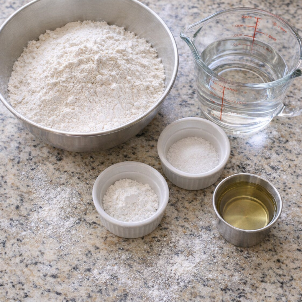 Simple pantry ingredients arranged for fried dough