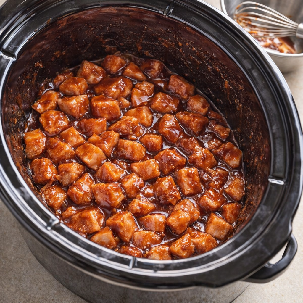 Slow cooker filled with saucy chicken ingredients before cooking