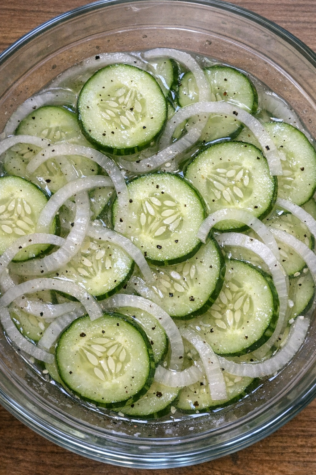3-ingredient cucumber vinegar salad in a glass serving bowl