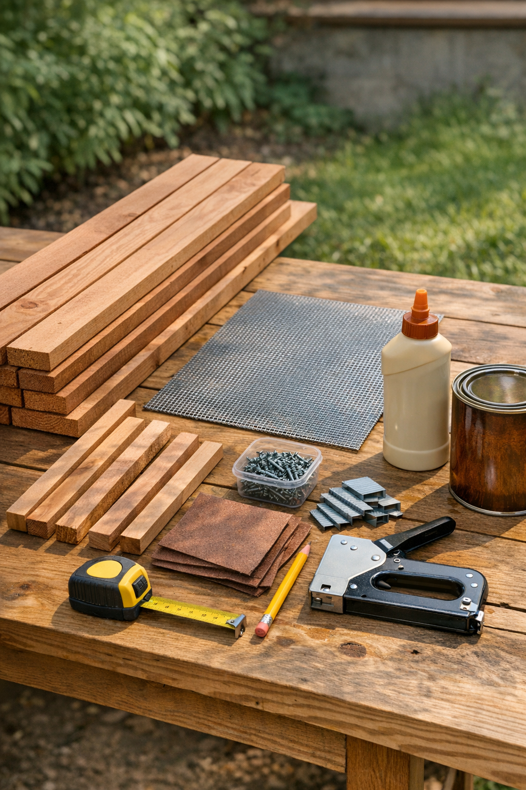 Materials for a cedar fire pit cover laid out on a workbench
