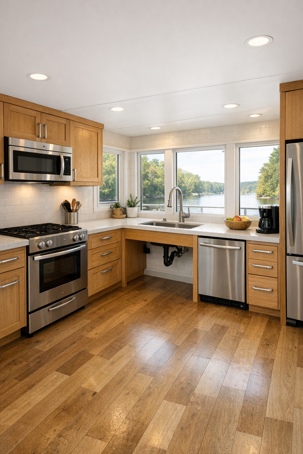 Contemporary accessible houseboat kitchen with pale quartz counters, oak cabinetry, and open circulation