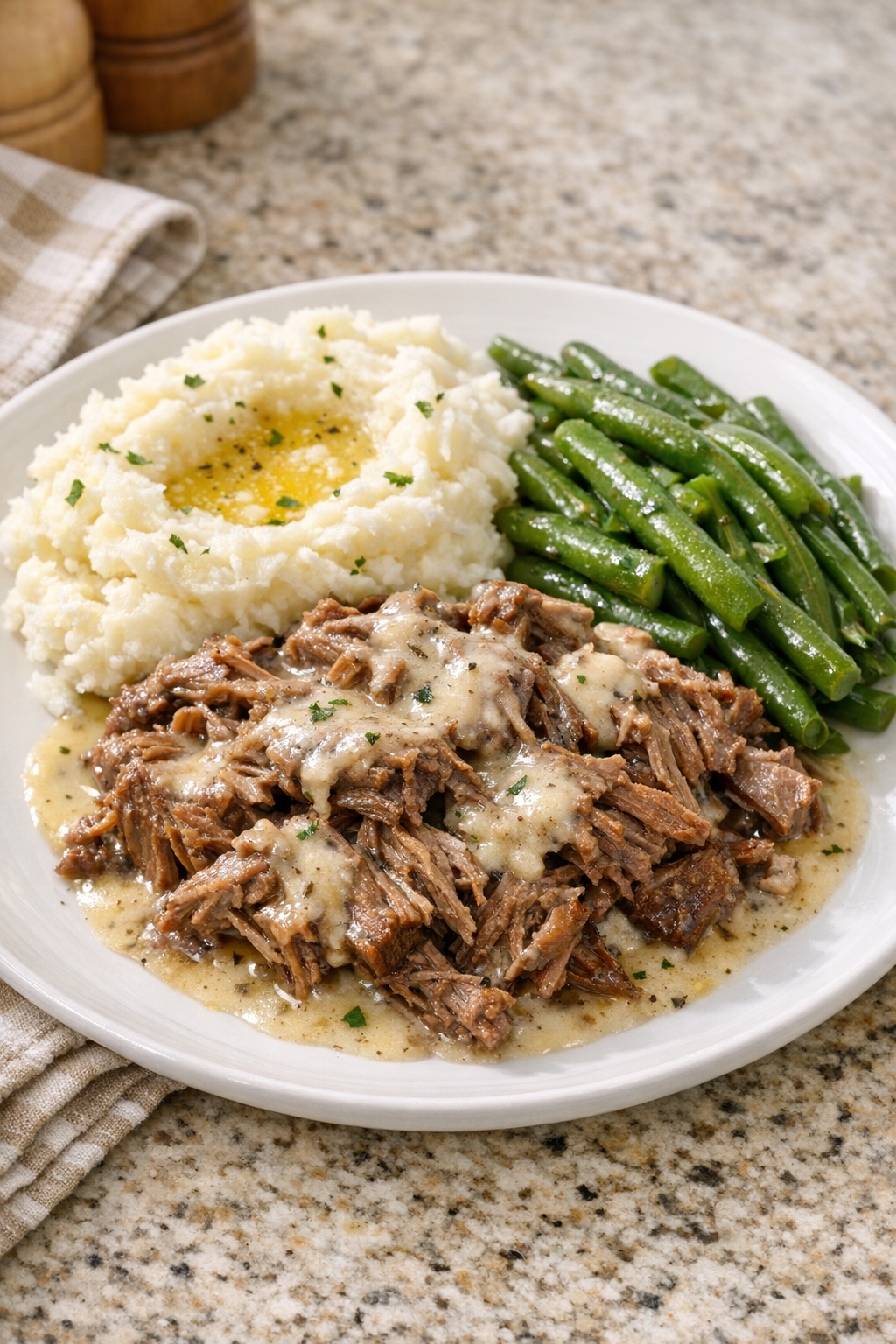Finished Amish buttermilk beef plated with mashed potatoes