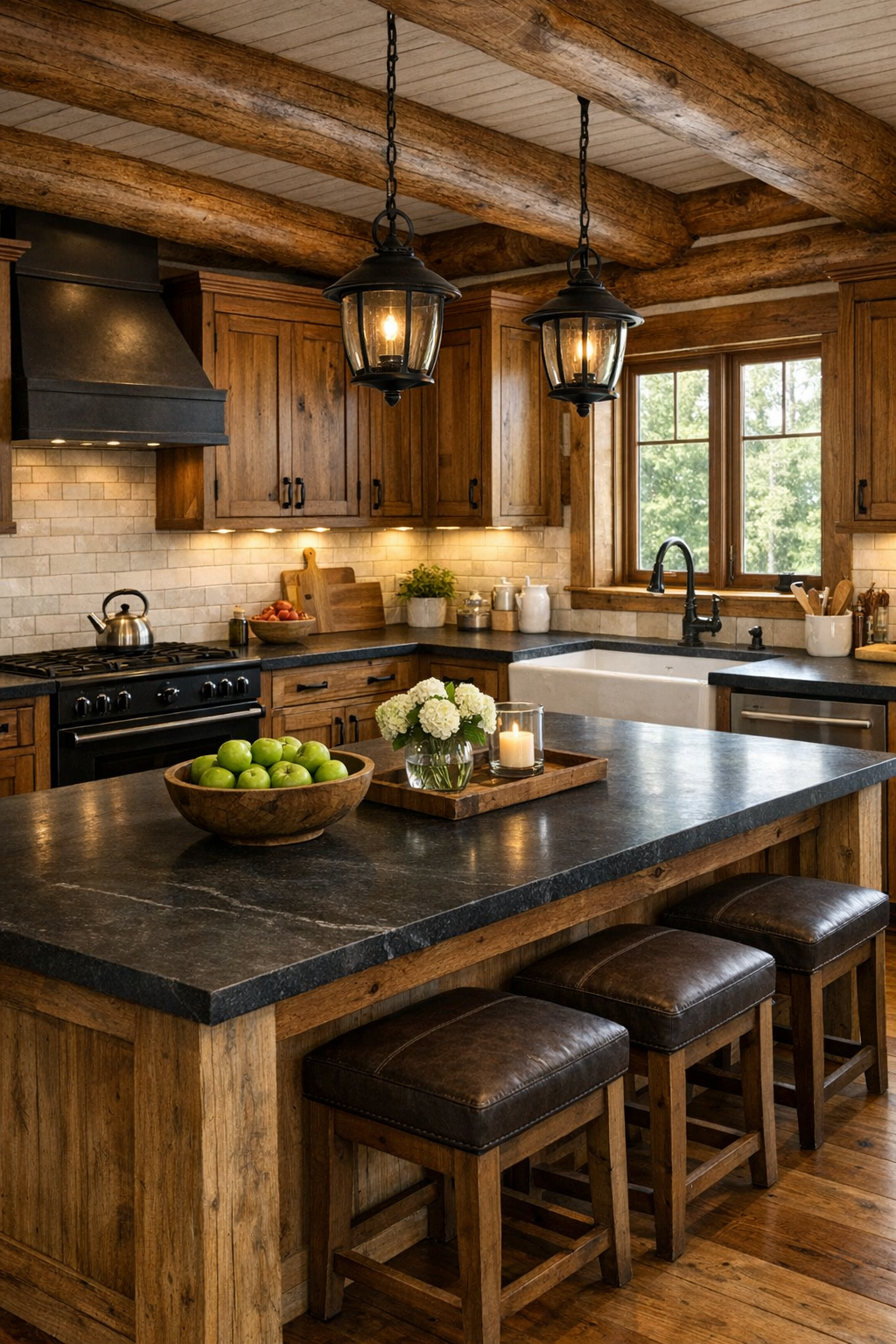 Kitchen with handcrafted wood cabinetry, farmhouse sink, and large island