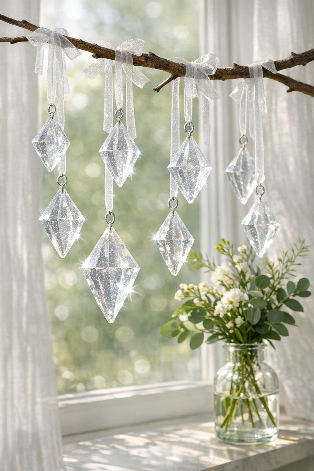 Finished faux crystal chandelier drops hanging in a bright window display