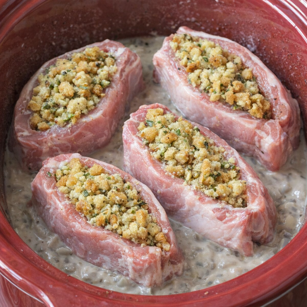 Stuffed pork chops arranged in a slow cooker before cooking