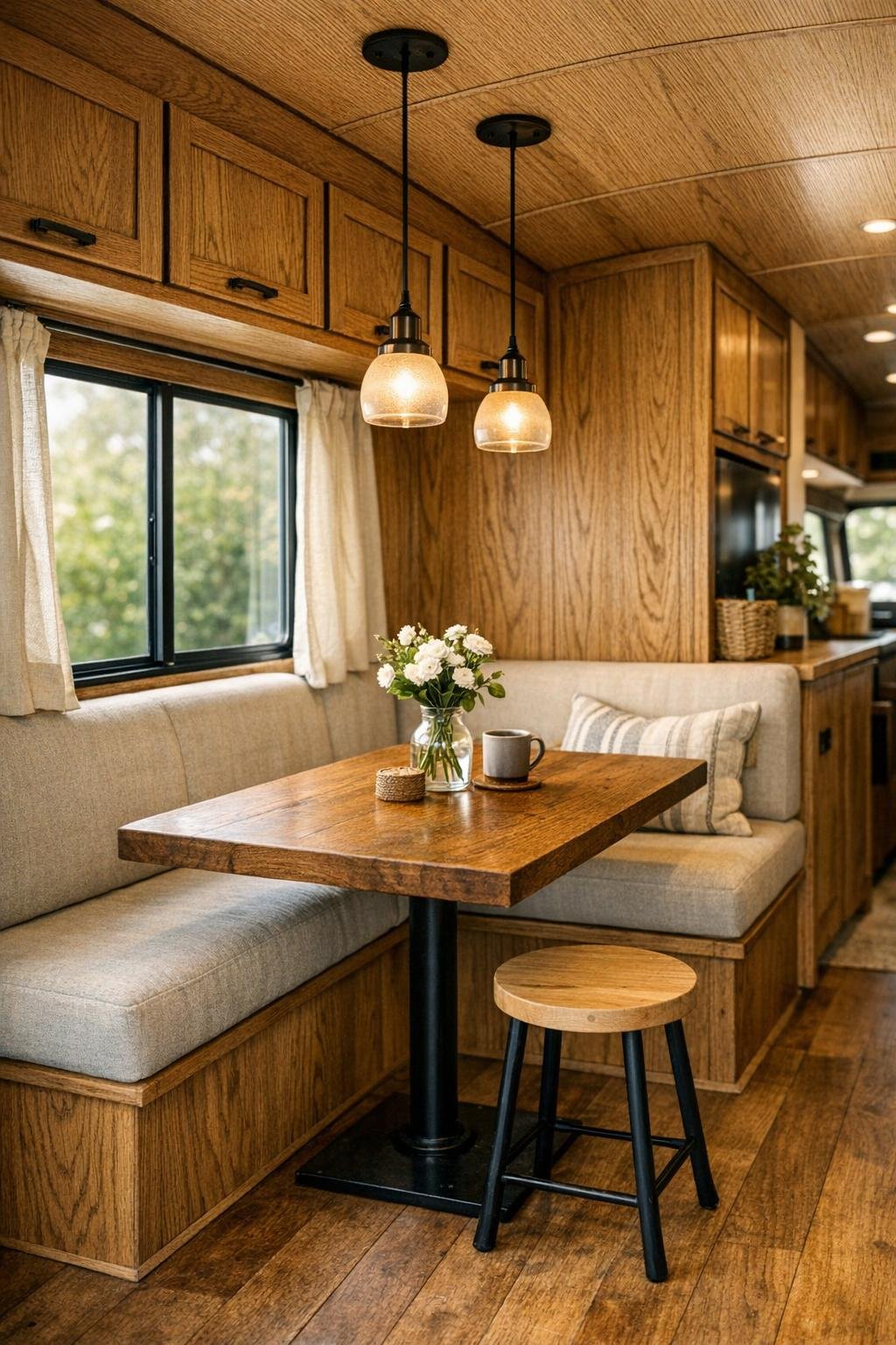 Small dining nook inside a converted bus with a wood table and built-in bench