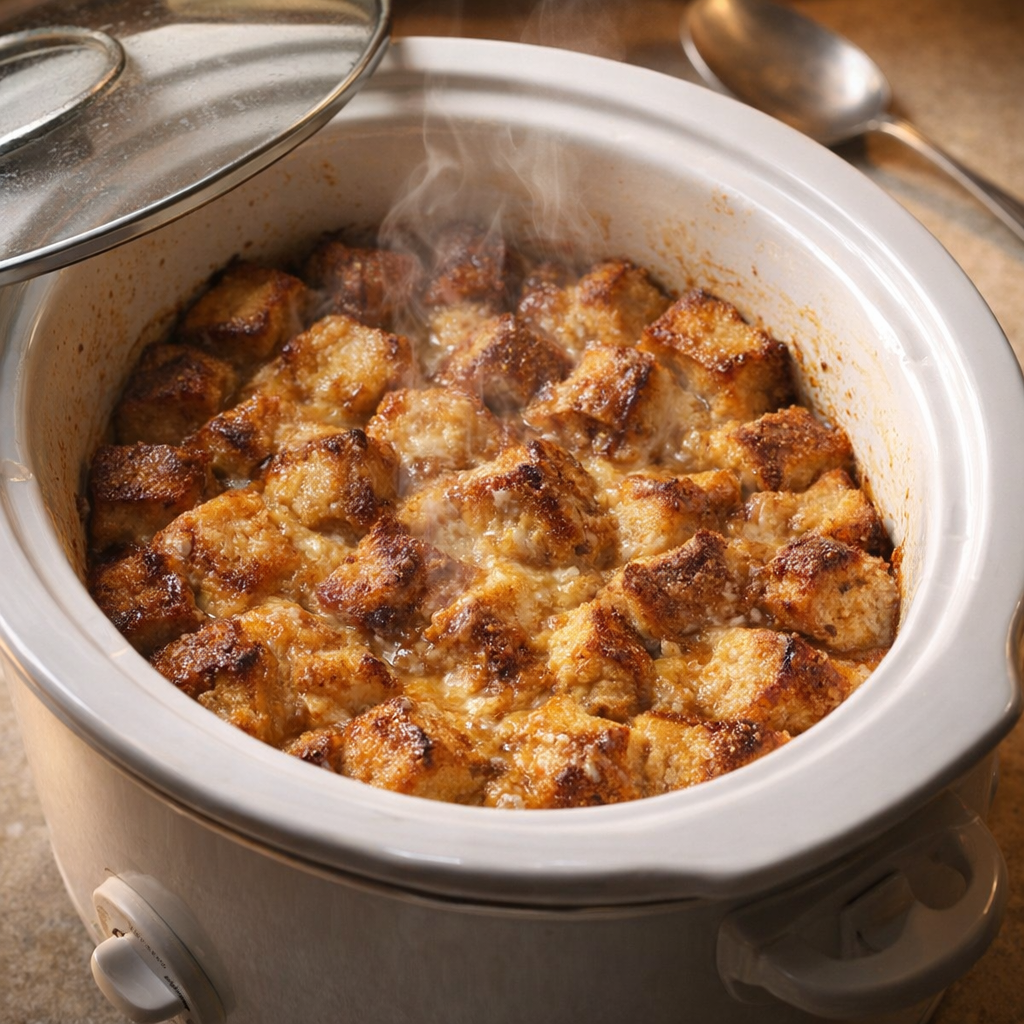 Freshly cooked bread pudding in the slow cooker