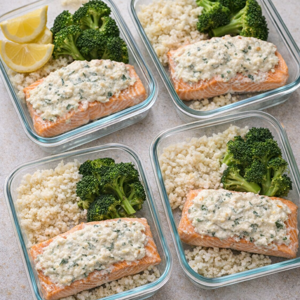 Meal prep containers with salmon broccoli and cauliflower rice