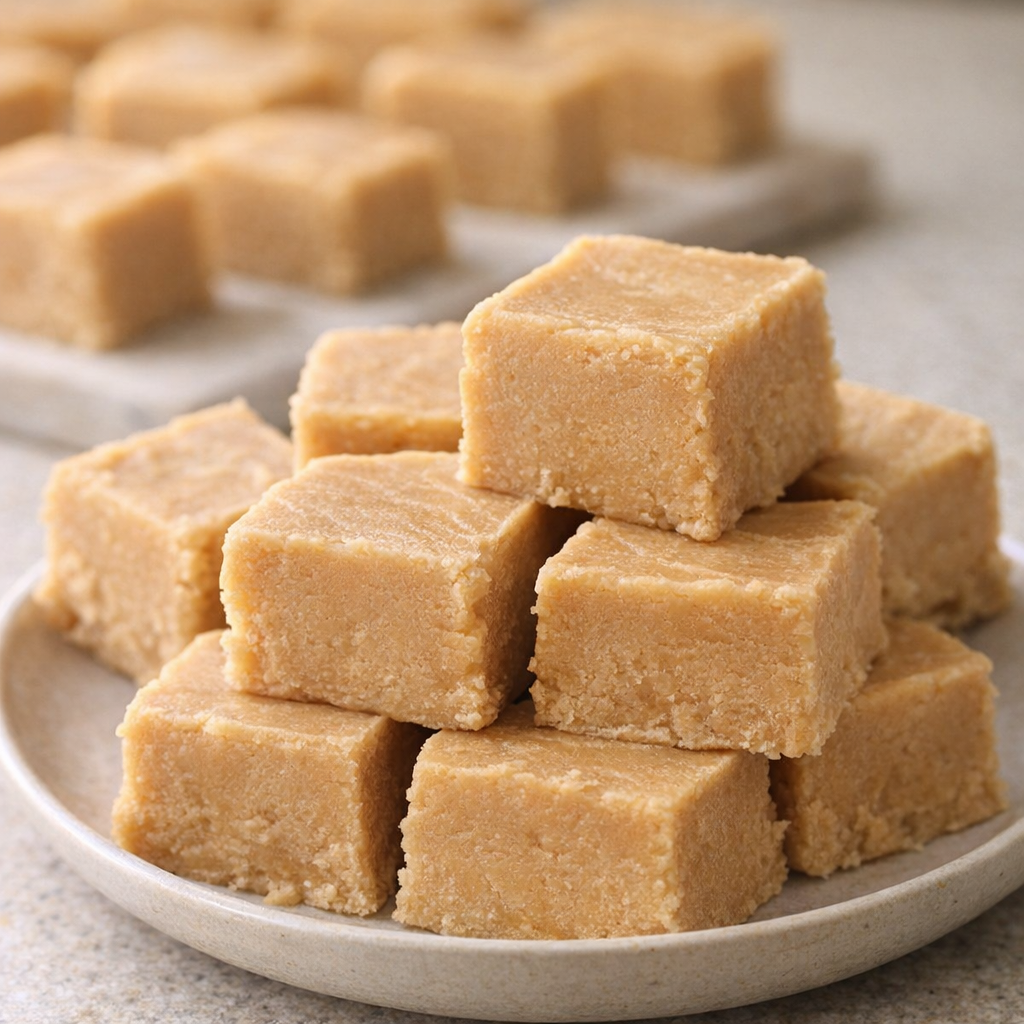 Cut peanut butter fudge squares stacked on a small plate