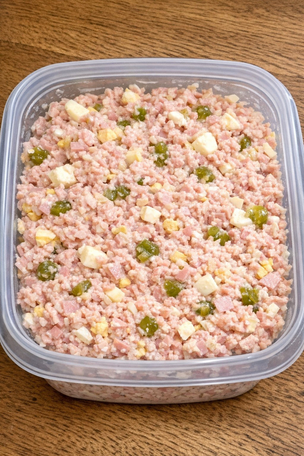 4-ingredient bologna salad in a clear plastic container