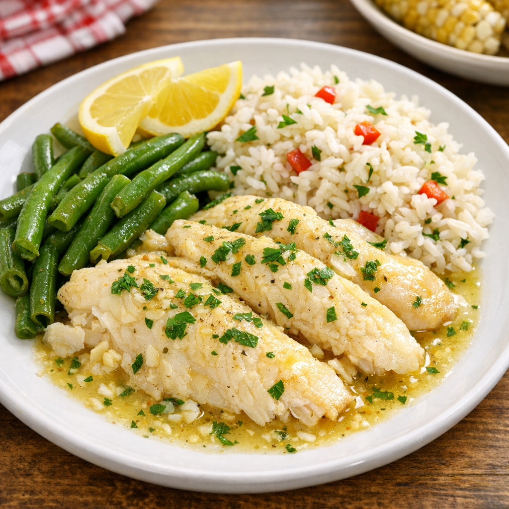 Plated slow cooker tilapia with lemon and herbs