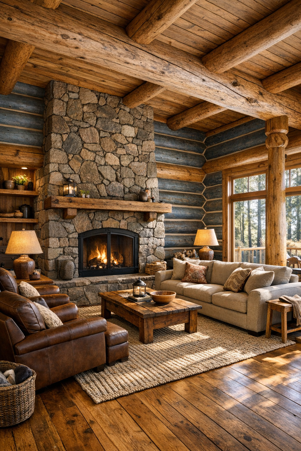 Cozy log home living room with blue spruce walls, stone fireplace, and soft neutral furnishings
