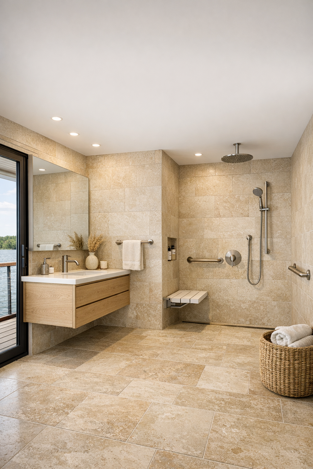 Warm modern bathroom with a curbless shower, pale oak vanity, and limestone-toned tile