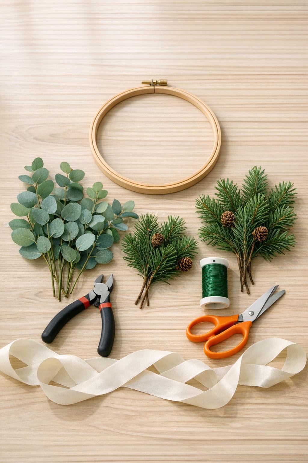 Embroidery hoop, faux greenery, floral wire, and ribbon laid out for the project