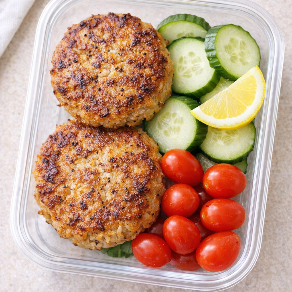 Leftover tuna patties packed for lunch with veggies