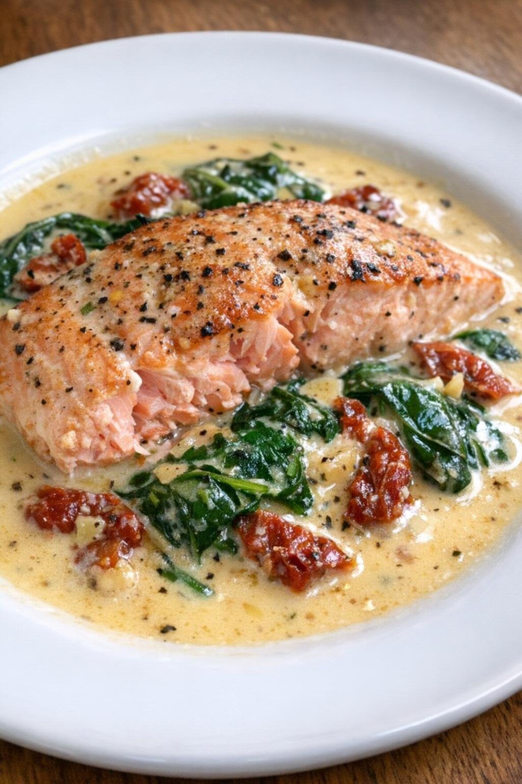 Creamy Tuscan salmon plated and ready to serve