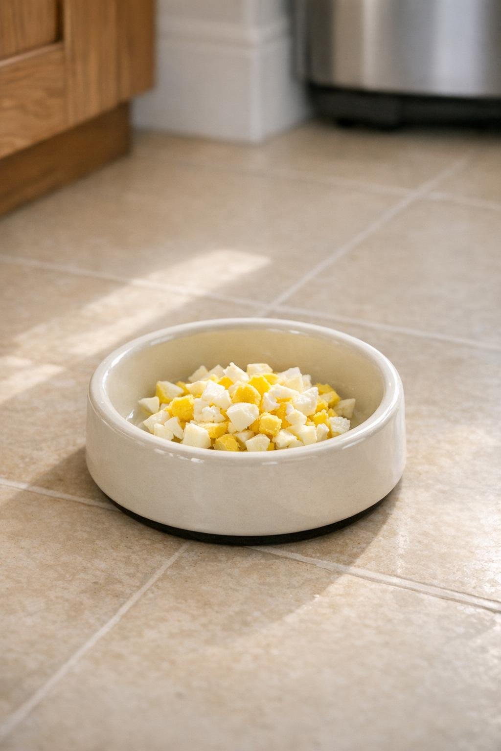 Plain cooked egg in a dog bowl