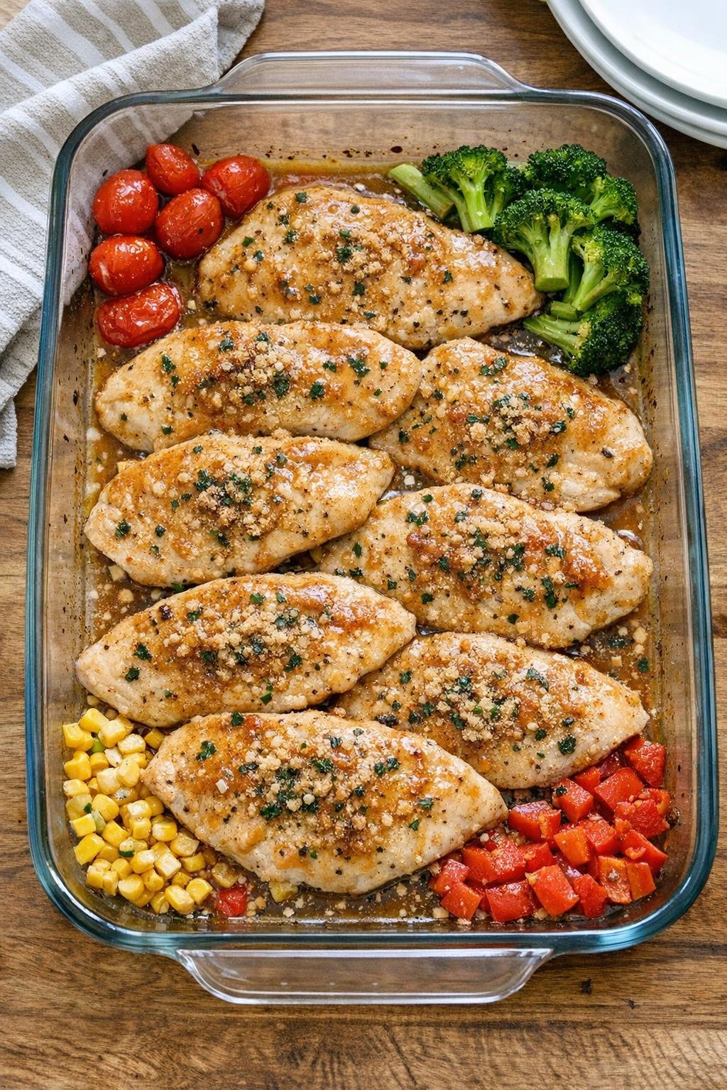Finished baked chicken cutlets in a glass baking dish