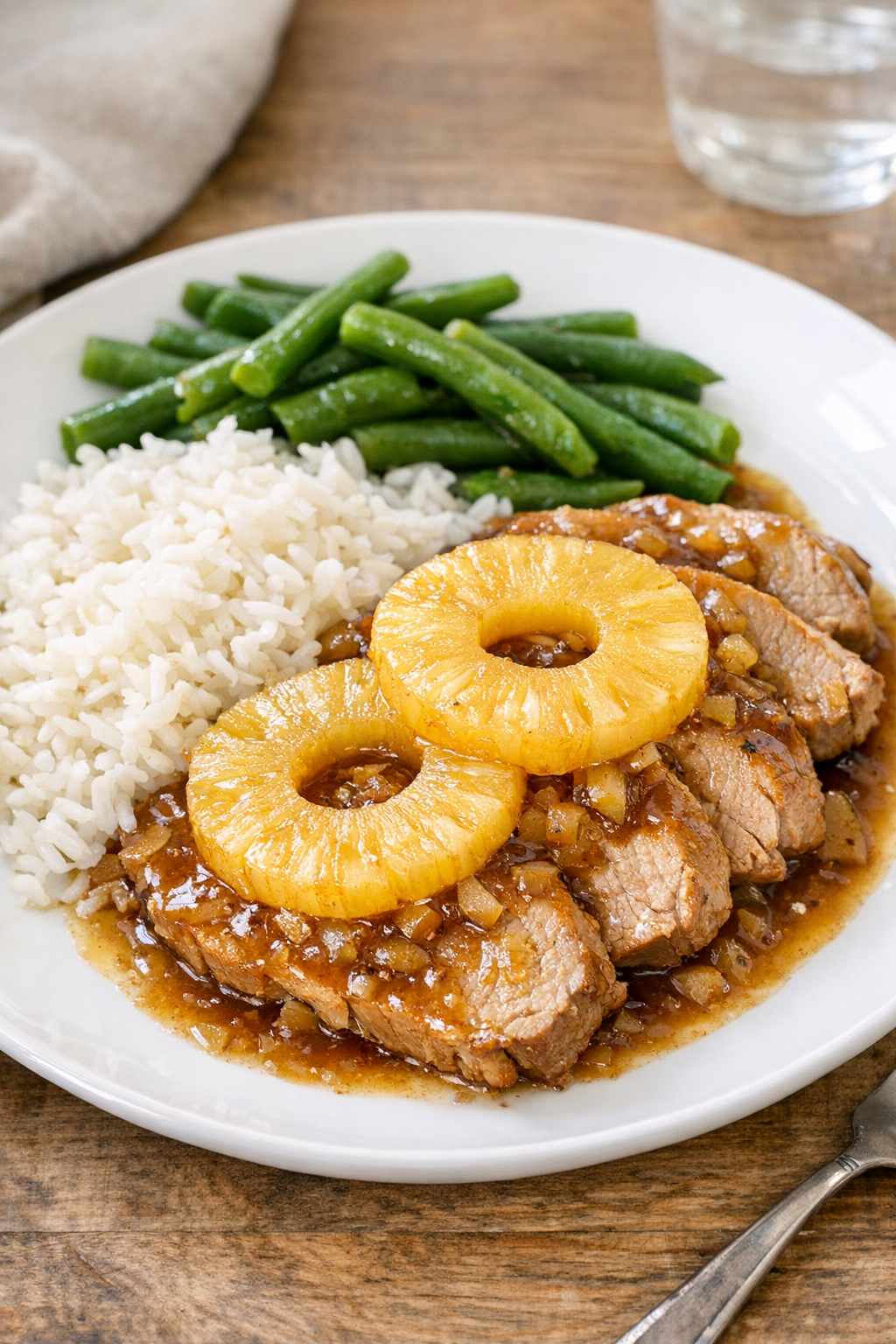 Finished pineapple pork plated with rice
