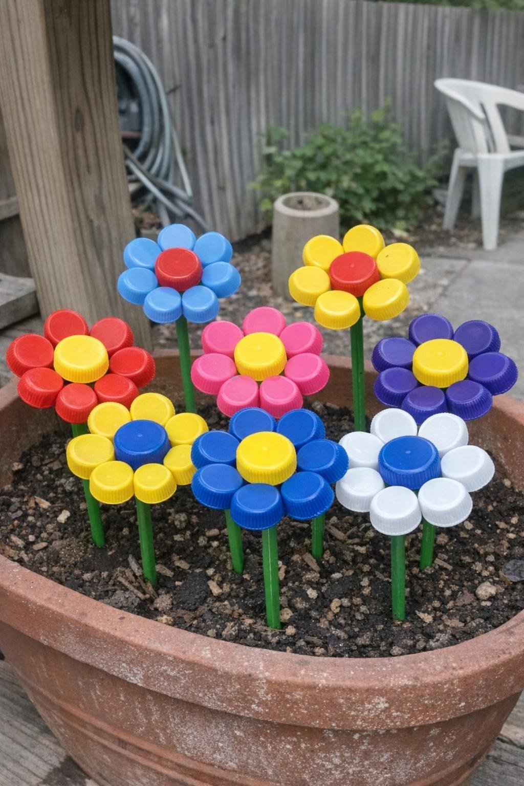 Bottle cap flower stakes in a planter