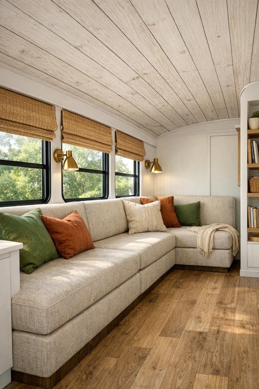 Cozy shuttle bus living room with built-in bench seating and warm wood finishes