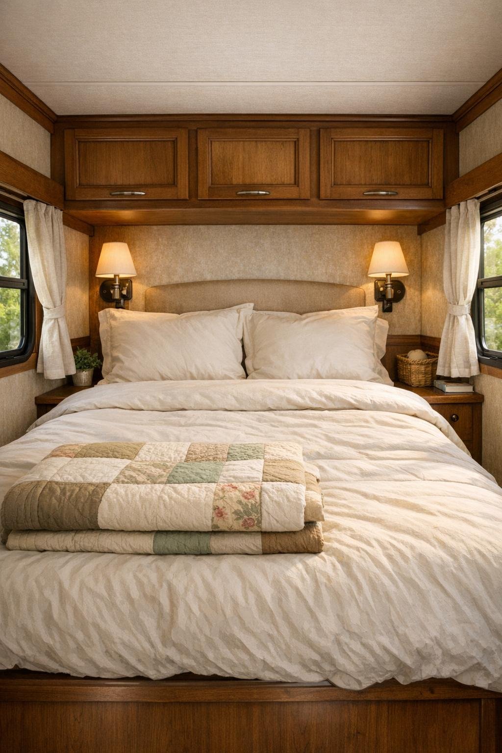 Small camper bedroom with built-in bed, quilted bedding, and wood trim