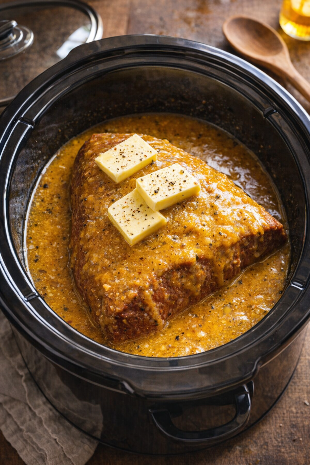 Roast in slow cooker topped with butter slices