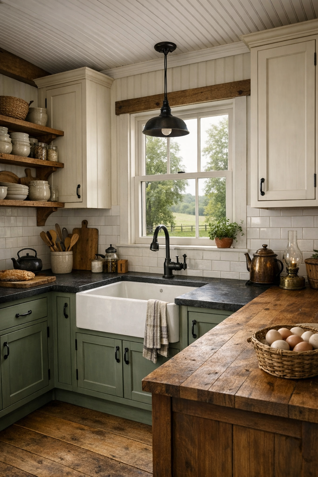 Handcrafted tiny kitchen with inset cabinetry, wood counters, and apron-front sink