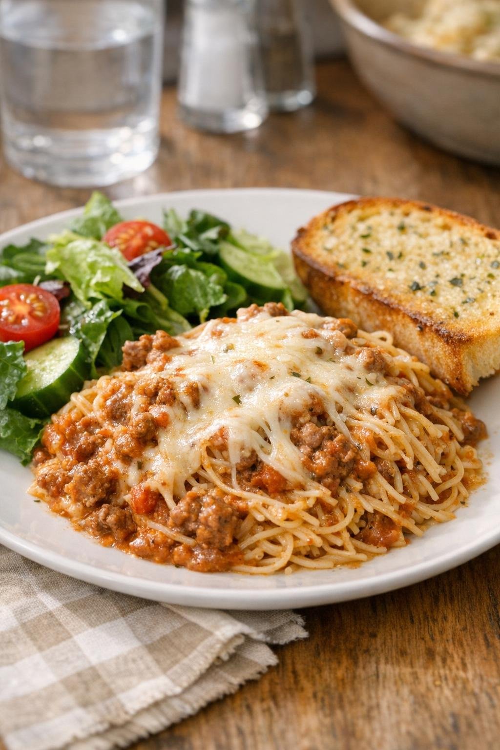 Een op een bord geserveerde slowcooker angel hair pasta met salade en brood.