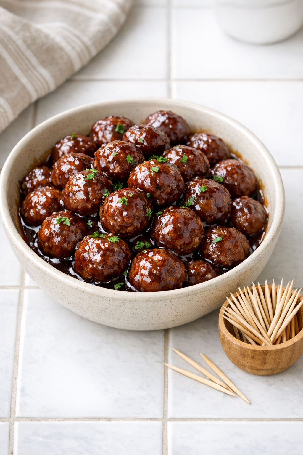 Finished platter of glossy cocktail meatballs