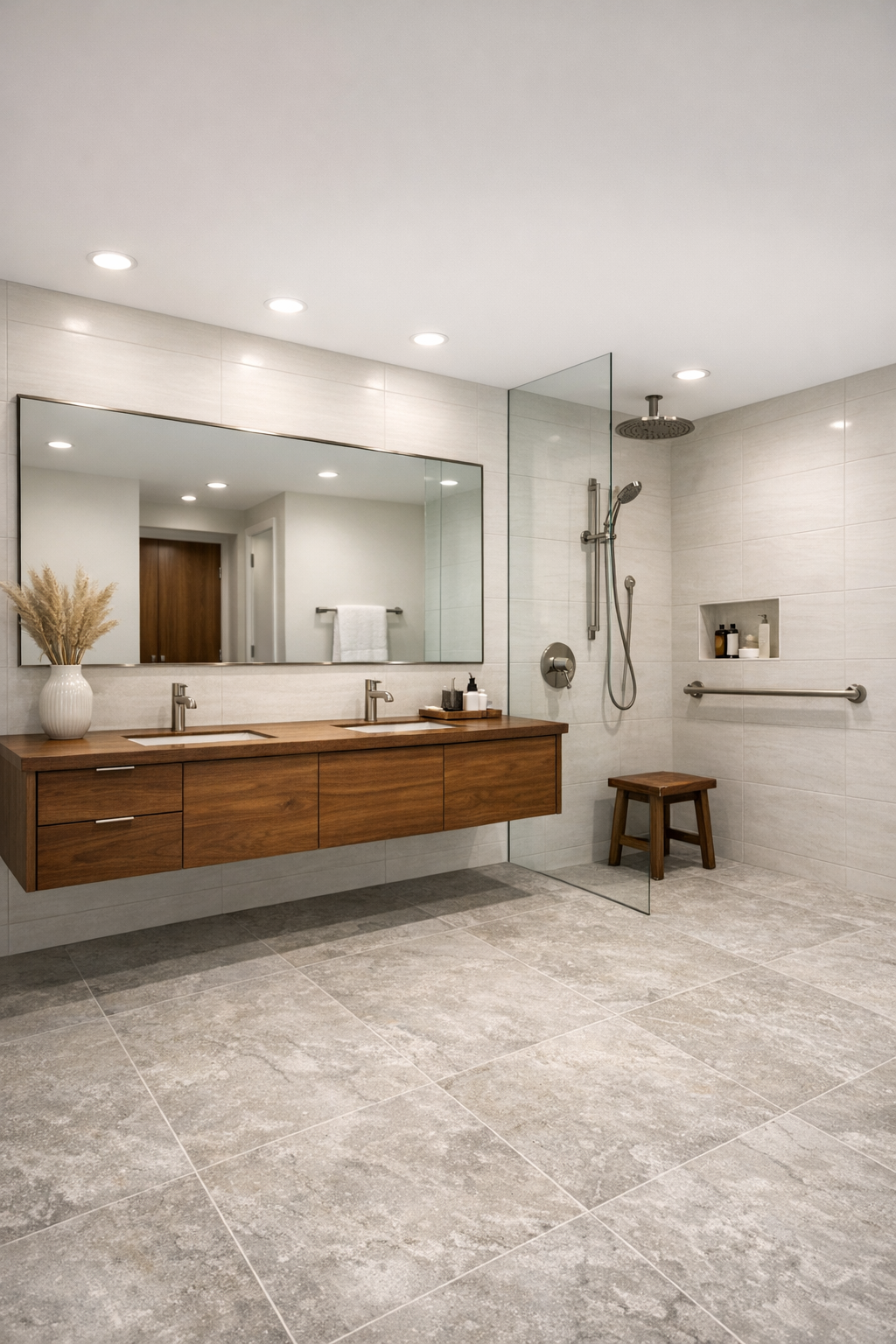 Barrier-free bathroom with curbless shower and floating walnut vanity
