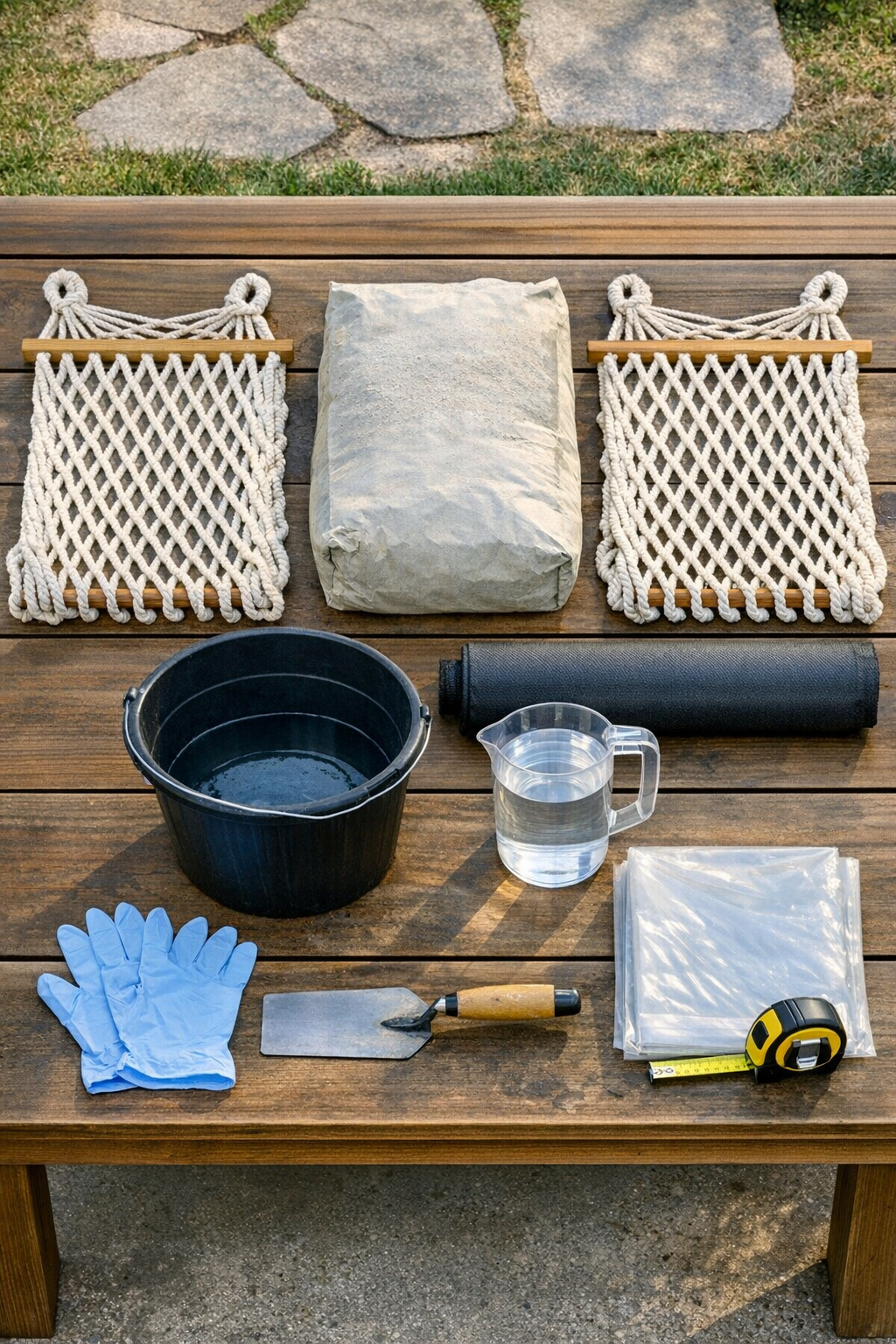 Materials laid out for making lattice patio blocks
