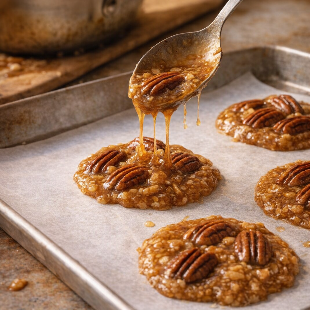 Pecan praline mixture being spooned onto parchment