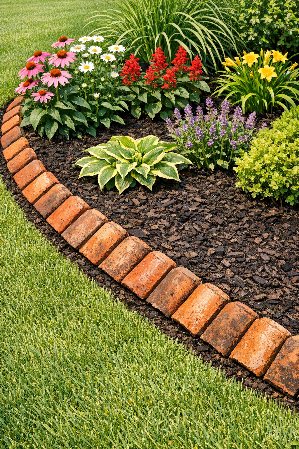 Finished terracotta roof tile garden edging along a mulched flower bed border